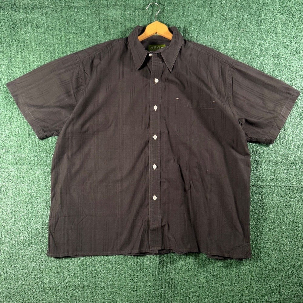 Orvis Button Down Shirt Mens XXL Black Charcoal Short Sleeve Cotton Tonal Stripe